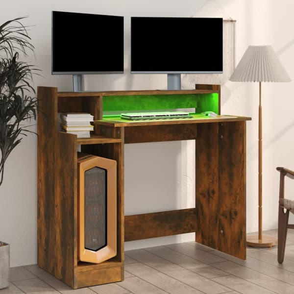 The Living Store Työpöytä LED-valoilla savutammi 97x45x90 cm tekninen puu - Kirjoituspöydät
