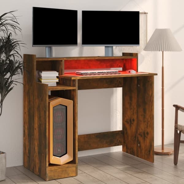 The Living Store Työpöytä LED-valoilla savutammi 97x45x90 cm tekninen puu - Kirjoituspöydät