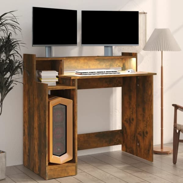 The Living Store Työpöytä LED-valoilla savutammi 97x45x90 cm tekninen puu - Kirjoituspöydät