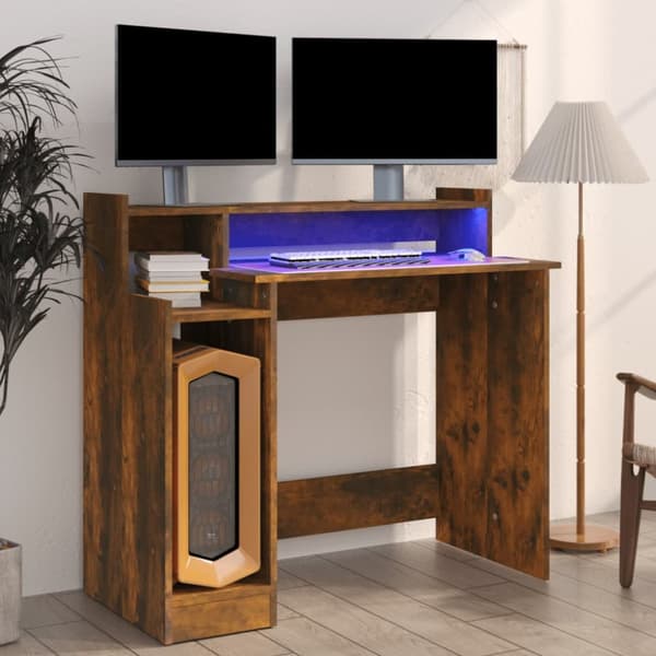 The Living Store Työpöytä LED-valoilla savutammi 97x45x90 cm tekninen puu - Kirjoituspöydät