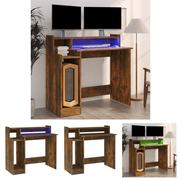 The Living Store Työpöytä LED-valoilla savutammi 97x45x90 cm tekninen puu -  Kirjoituspöydät