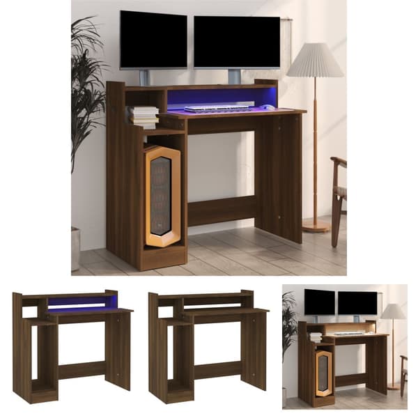 The Living Store Skrivbord med LED brun ek 97x45x90 cm konstruerat trä - Skrivbord