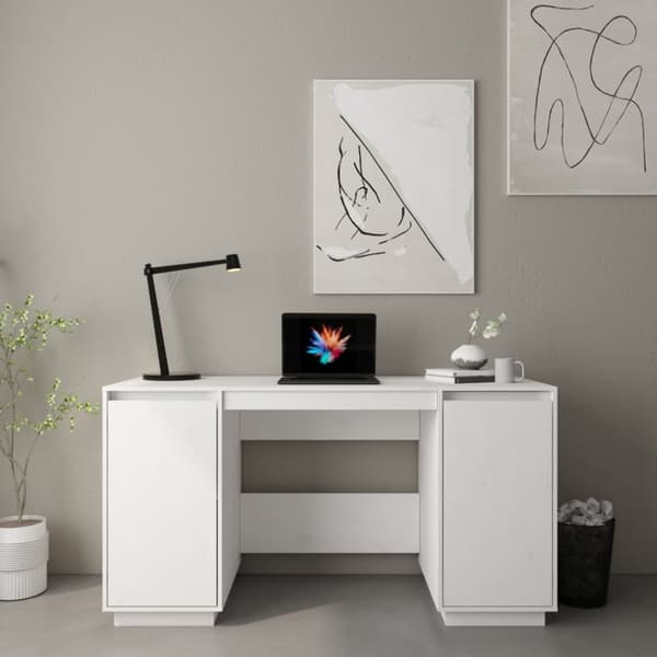 The Living Store Työpöytä valkoinen 140x50x75 cm täysi mänty - Kirjoituspöydät