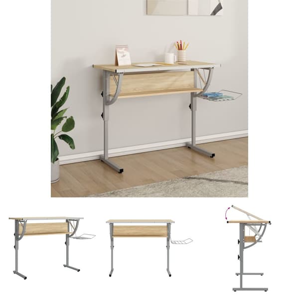 The Living Store Ritbord ek och grå 110x53x(58-87) cm konstruerat trä & stål -  Skrivbord