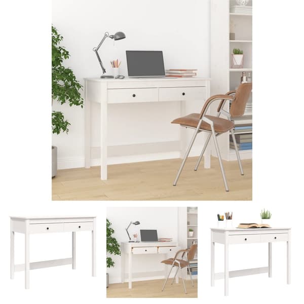 The Living Store skrivebord med skuffer 100x50x78 cm massivt fyrretræ hvid - Skriveborde
