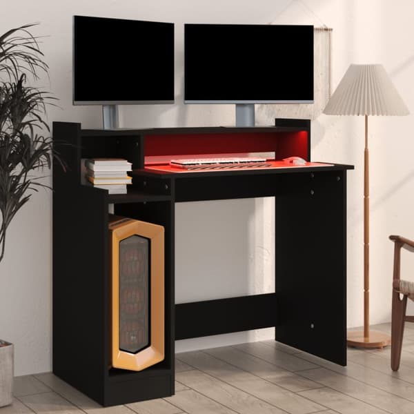 Skriveborde - Living skrivebord med LED-lys 97x45x90 cm konstrueret træ sort