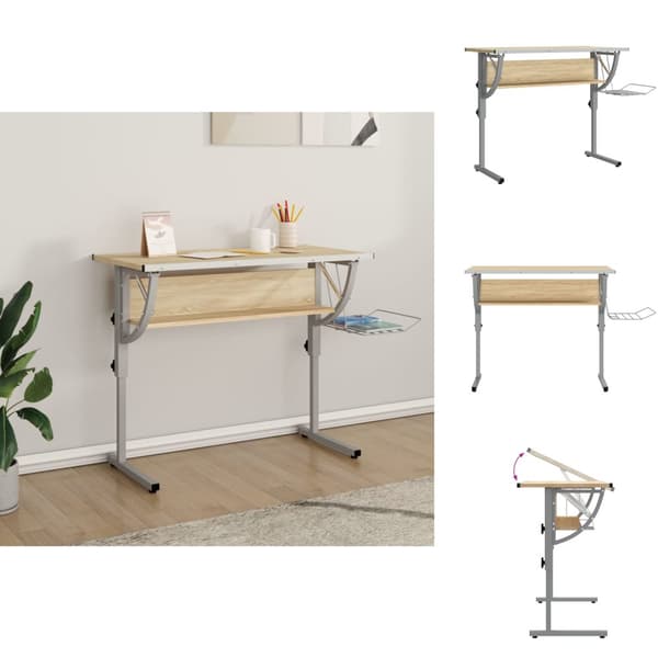 Skriveborde - Living skrivebord 110x53x(58-87) cm konstrueret træ stål sonoma-eg grå