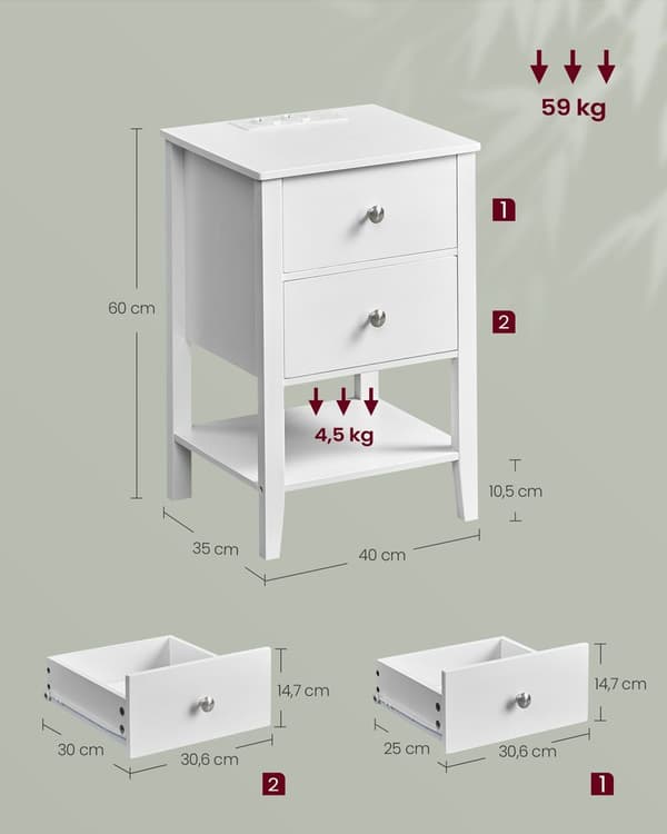 Bedside -pöytä - 2 laatikkoa ja hylly - pistorasialla - Van Hout - valkoinen
