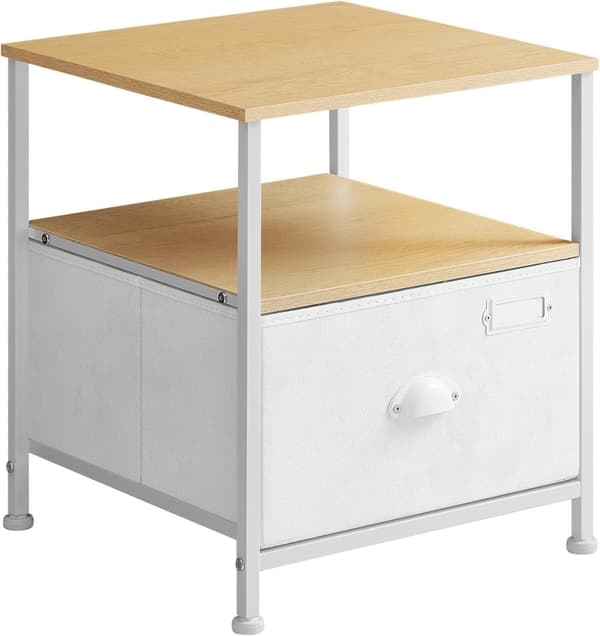 Sengbord - med skuffe og 2 hylder - metalramme - hvidbrun