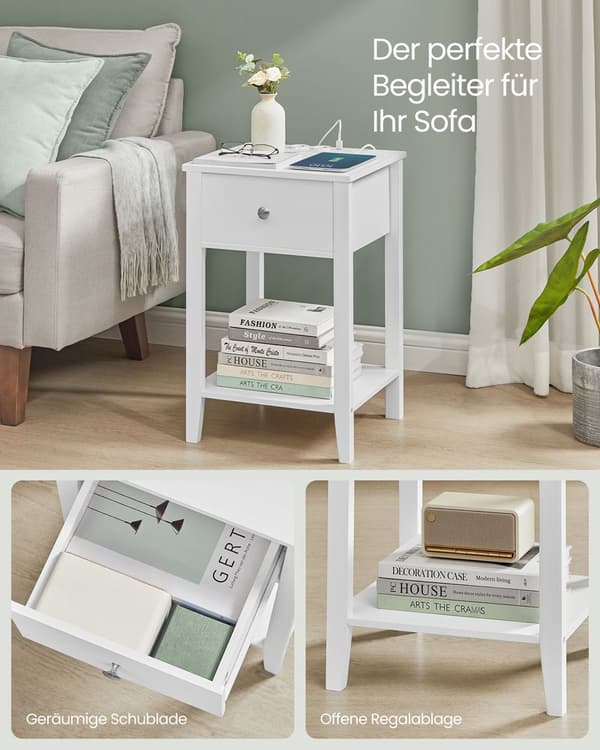 Sengbord - med skuffe og hylde - med stikkontakt - Van Hout - White
