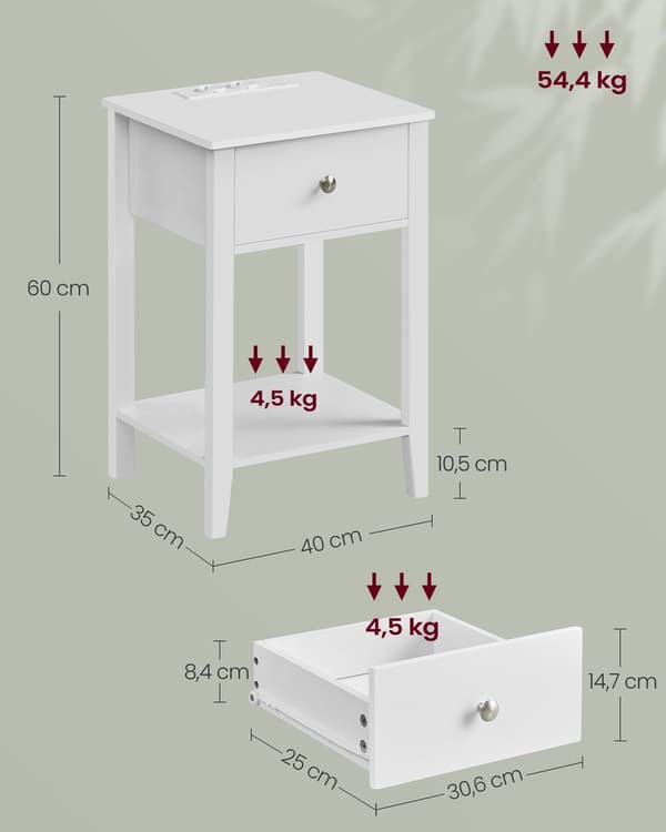 Sengbord - med skuffe og hylde - med stikkontakt - Van Hout - White