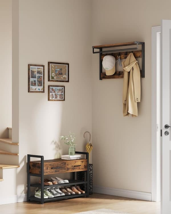 Coat Rack - vaatekaappi - kenkäpenkillä ja istuin - metallirunko - ruskea
