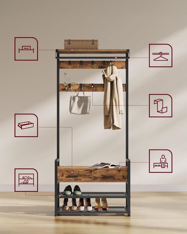Coat Rack - vaatekaappi - kenkäpenkillä ja istuin - metallirunko - ruskea