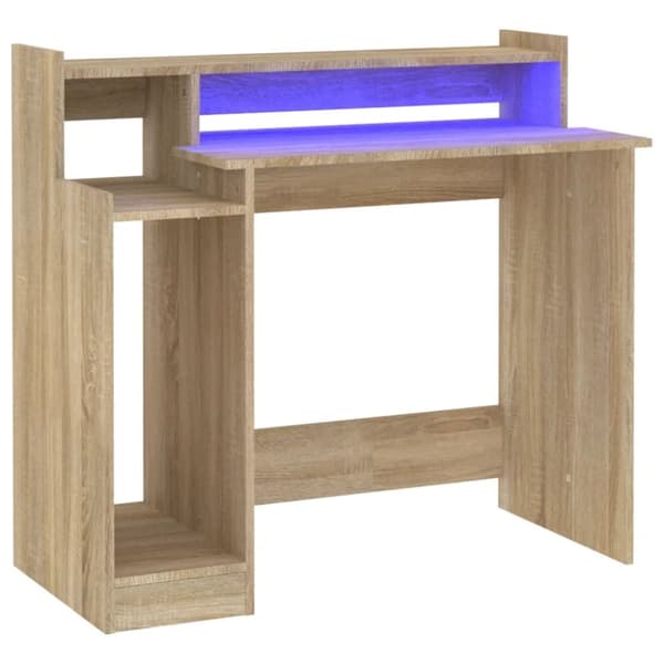 Kirjoituspöydät - Living Työpöytä LED-valoilla Sonoma-tammi 97x45x90 cm tekninen puu