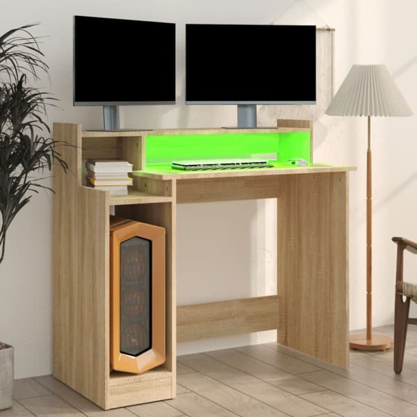 Kirjoituspöydät - Living Työpöytä LED-valoilla Sonoma-tammi 97x45x90 cm tekninen puu