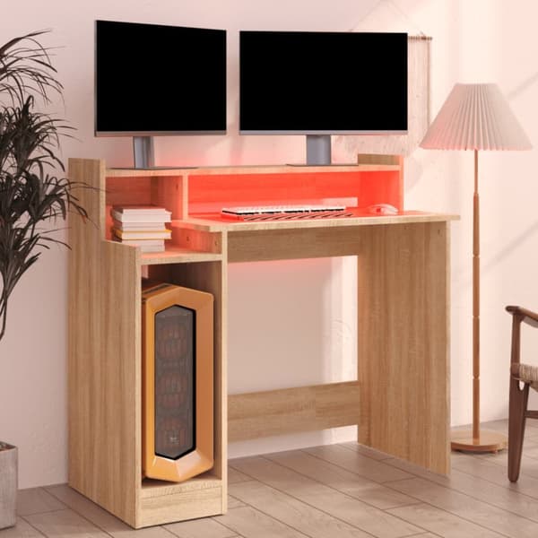 Kirjoituspöydät - Living Työpöytä LED-valoilla Sonoma-tammi 97x45x90 cm tekninen puu