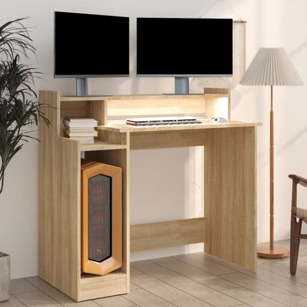 Kirjoituspöydät - Living Työpöytä LED-valoilla Sonoma-tammi 97x45x90 cm tekninen puu