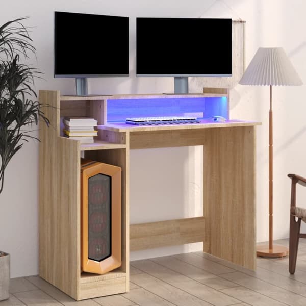 Kirjoituspöydät - Living Työpöytä LED-valoilla Sonoma-tammi 97x45x90 cm tekninen puu