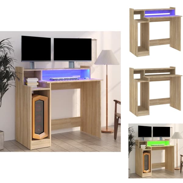 Kirjoituspöydät - Living Työpöytä LED-valoilla Sonoma-tammi 97x45x90 cm tekninen puu