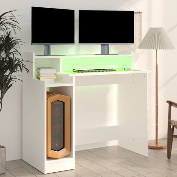 Kirjoituspöydät - Living Työpöytä LED-valoilla valkoinen 97x45x90 cm tekninen puu