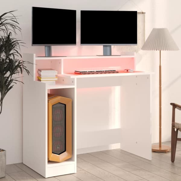 Kirjoituspöydät - Living Työpöytä LED-valoilla valkoinen 97x45x90 cm tekninen puu