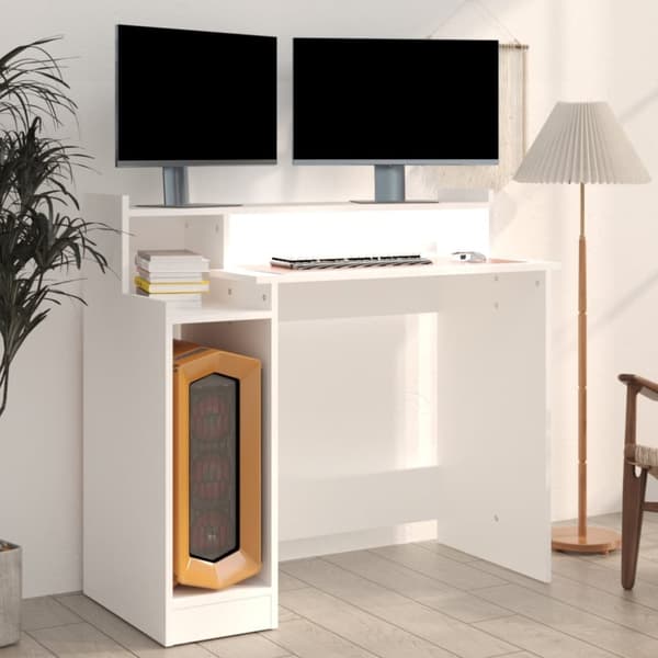 Kirjoituspöydät - Living Työpöytä LED-valoilla valkoinen 97x45x90 cm tekninen puu