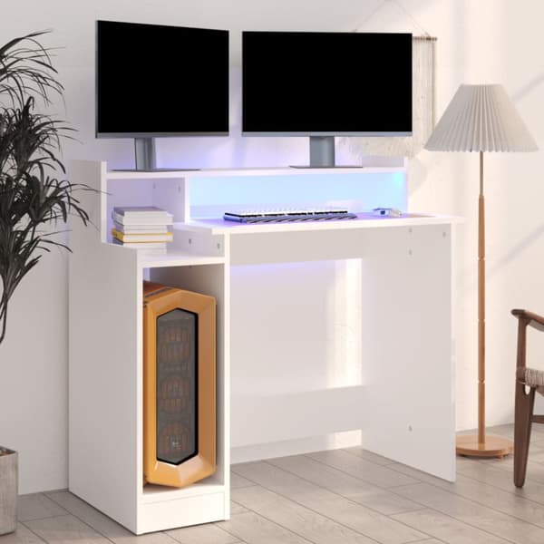 Kirjoituspöydät - Living Työpöytä LED-valoilla valkoinen 97x45x90 cm tekninen puu