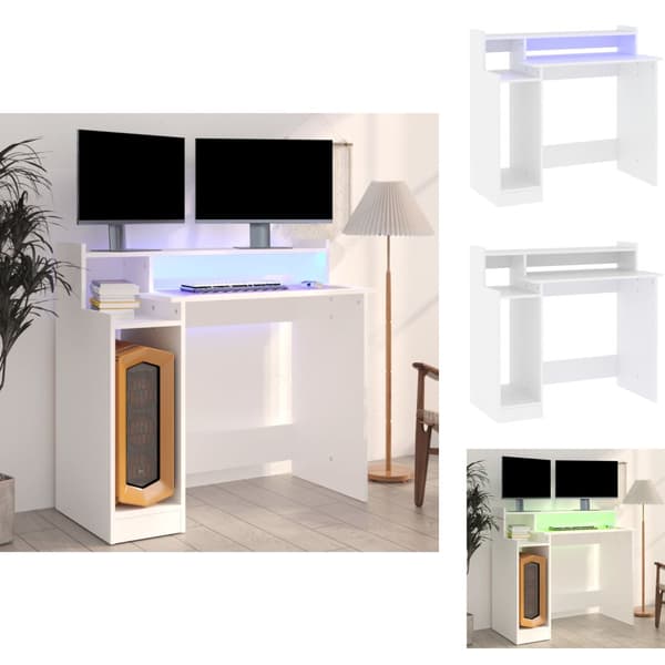 Kirjoituspöydät - Living Työpöytä LED-valoilla valkoinen 97x45x90 cm tekninen puu
