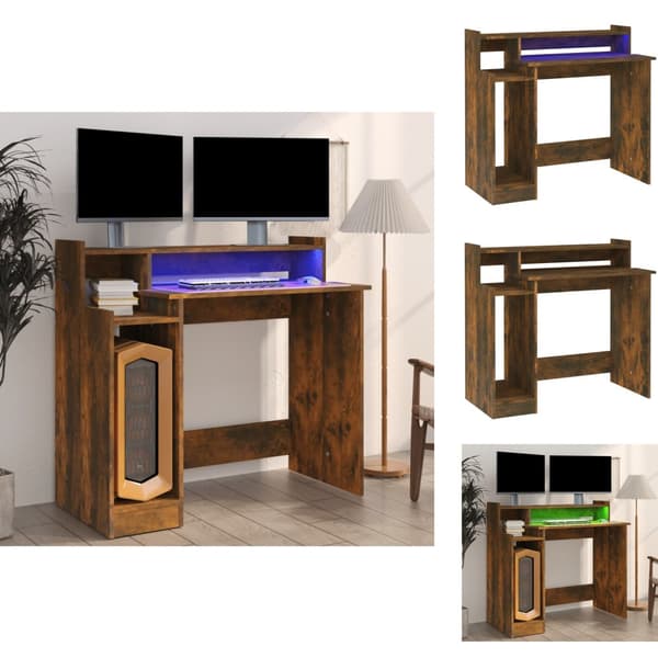 Skriveborde - Living skrivebord med LED-lys 97x45x90 cm konstrueret træ røget eg