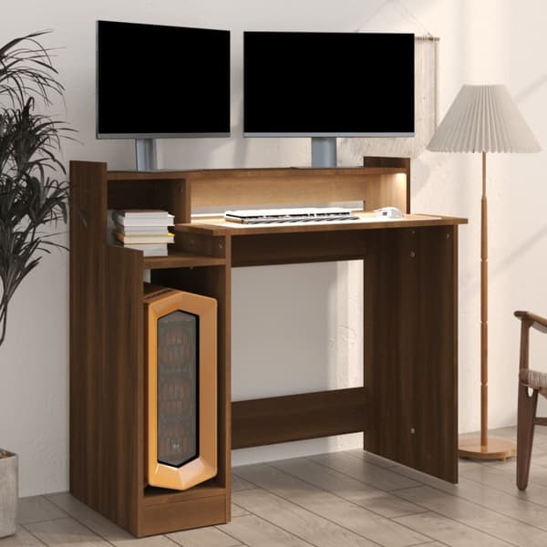 Kirjoituspöydät - Living Työpöytä LED-valoilla ruskea tammi 97x45x90 cm tekninen puu