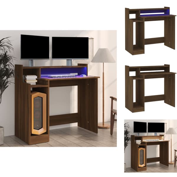 Kirjoituspöydät - Living Työpöytä LED-valoilla ruskea tammi 97x45x90 cm tekninen puu