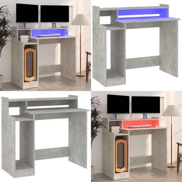 Skrivebord med LED-lys 97x45x90 cm konstrueret træ betongrå - Skrivebord - Skriveborde - Home & Living