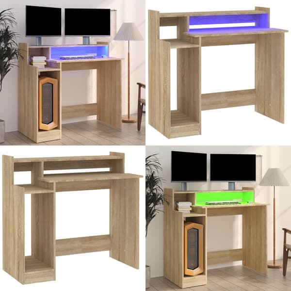 Skrivebord med LED-lys 97x45x90 cm konstrueret træ sonoma-eg - Skrivebord - Skriveborde - Home & Living