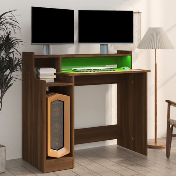 Työpöytä LED-valoilla ruskea tammi 97x45x90 cm tekninen puu - Pöytä - Pöydät - Home & Living