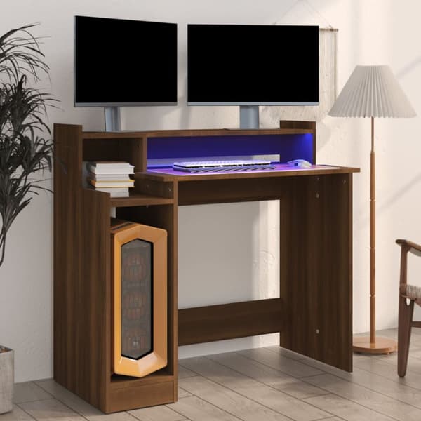 Työpöytä LED-valoilla ruskea tammi 97x45x90 cm tekninen puu - Pöytä - Pöydät - Home & Living