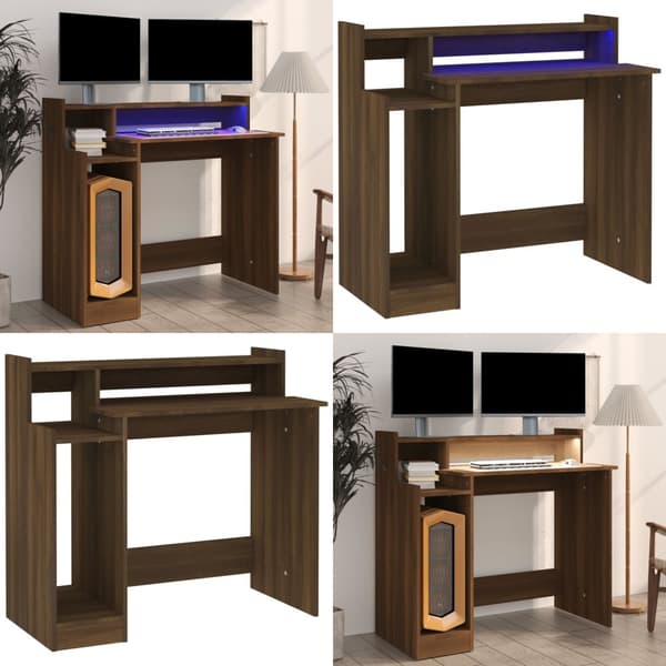 Työpöytä LED-valoilla ruskea tammi 97x45x90 cm tekninen puu - Pöytä - Pöydät - Home & Living