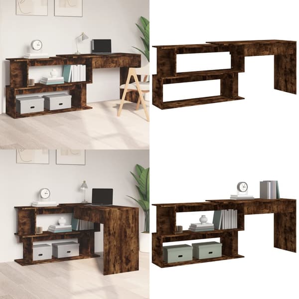 Hjørneskrivebord 200x50x76 cm konstrueret træ røget egetræ - Hjørneskrivebord - Hjørneskriveborde - Home & Living