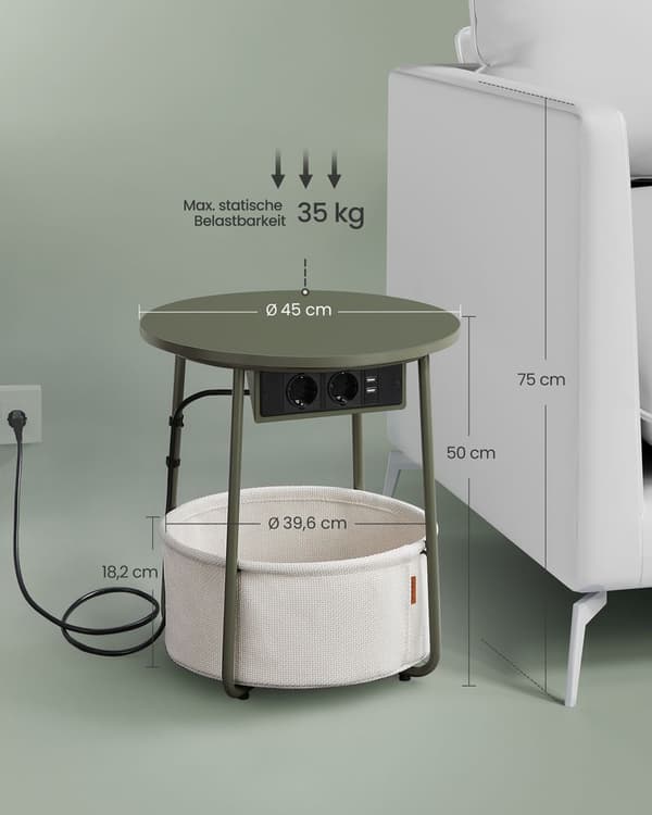 Sidebord - Bedstebord - med opladningsstation og stikkontakt - med kurv - grøn