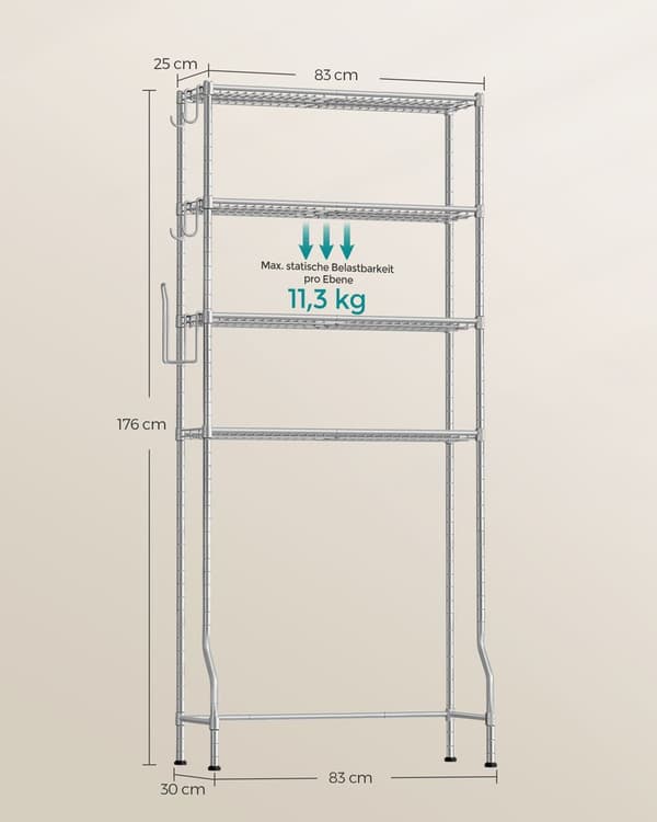 Toiletrek - med justerbare plateauer - 4 hylder - metalramme - sølv