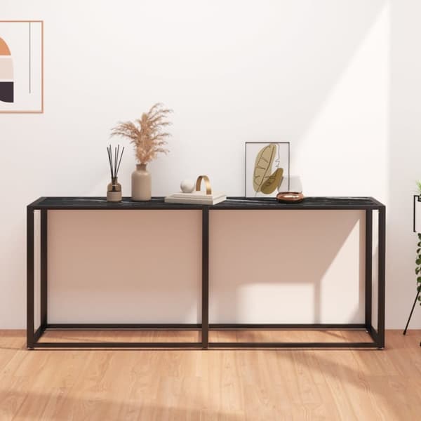konsolbord 180x35x75,5 cm hærdet glas sort marmor
