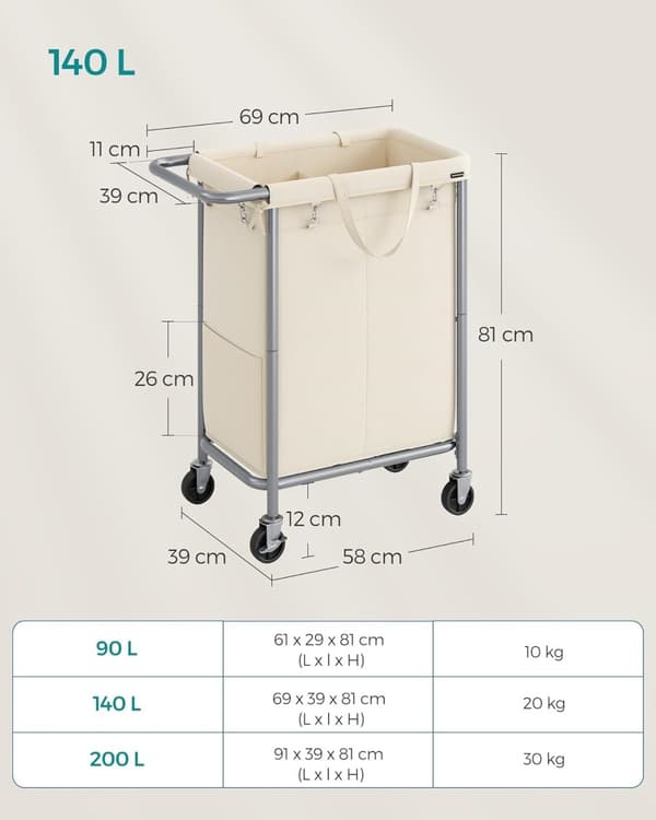 Tvättkorg - med 2 fack - 140 liter - med handtag och hjul - beige