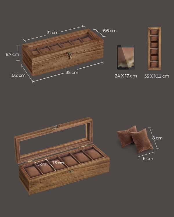 Watchbox - Watch Box - 6 osastoa - lasikansi - puu - ruskea