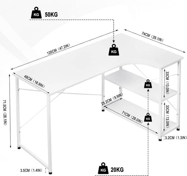 Rootz L-formet hjørneskrivebord - Kontorbord - Spillebord - Ekspansivt arbejdsområde - Rigelig opbevaring - Holdbar konstruktion - 120 cm x 71,5 cm x