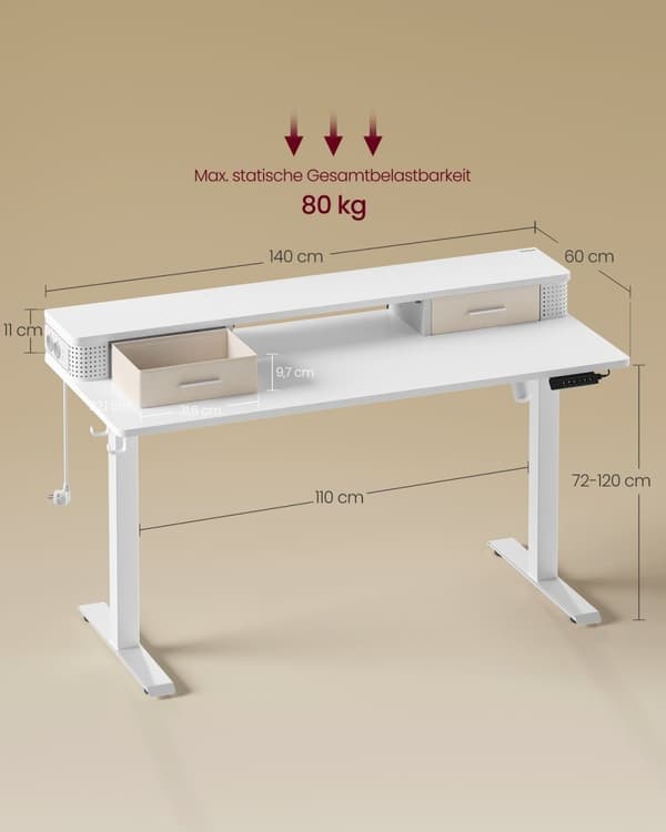 Rootz Cloud White Desk - Studiebord - Skrivebord - Spånplade - Stålramme - Oxford-klud - Justerbar højde - Opbevaringskroge - Nem montering - 60 cm x