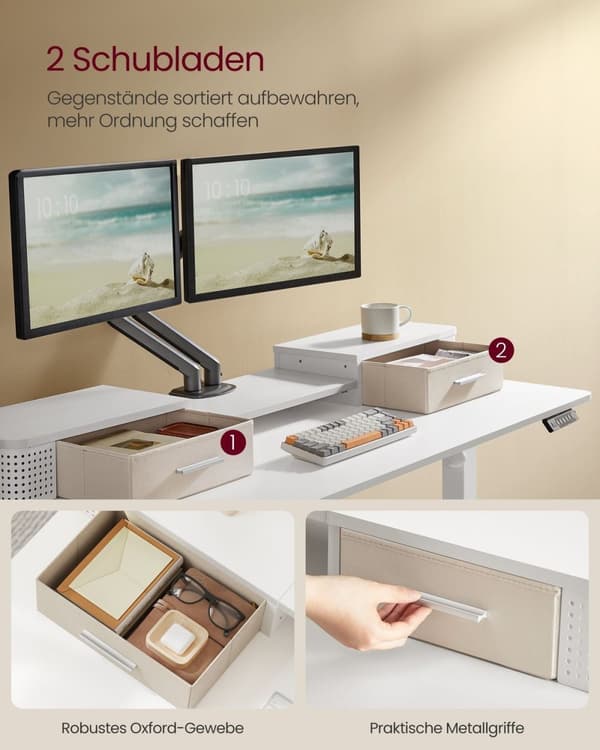 Rootz Cloud White Desk - Studiebord - Skrivebord - Spånplade - Stålramme - Oxford-klud - Justerbar højde - Opbevaringskroge - Nem montering - 60 cm x