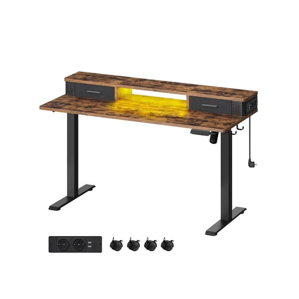Rootz Vintage Brown Skrivebord - Skrivebord - Studiebord - Spånplade - Stålramme - Oxford klud - Justerbar højde - Opbevaringskroge - Nem montering -