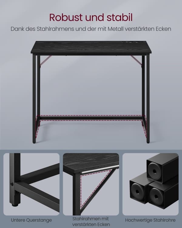 Rootz Ebony Black-Ink Black Skrivebord - Skrivebord - Studiebord - Spånplade og stålkonstruktion - Stor størrelse - Nem montering - 50 cm x 100 cm x 7