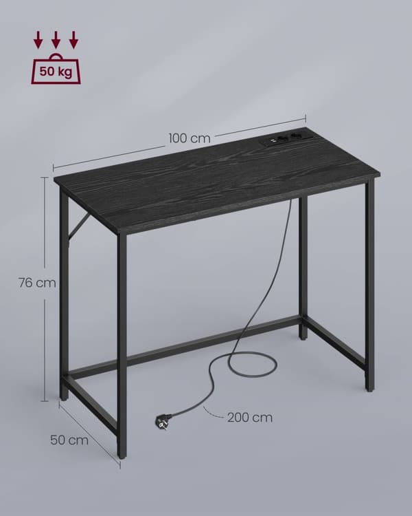 Rootz Ebony Black-Ink Black Skrivebord - Skrivebord - Studiebord - Spånplade og stålkonstruktion - Stor størrelse - Nem montering - 50 cm x 100 cm x 7