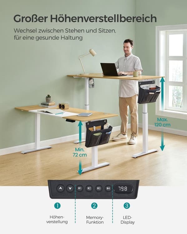 Rootz Elektrisk ståbord - Justerbart skrivebord - Sit Stand Skrivebord - Spånplade Stålramme - Ikke-vævet stof - Pastel Gul-Base Hvid - 70 cm x 160 cm