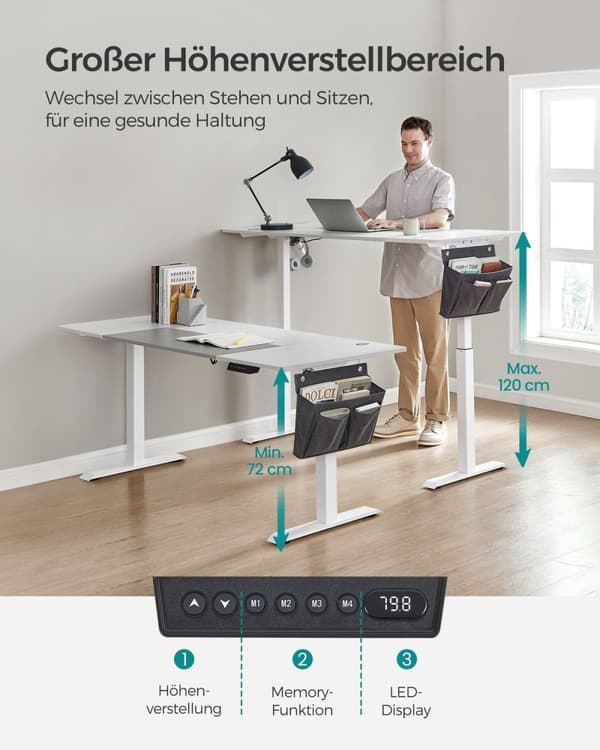 Rootz Elektrisk stående skrivebord - Justerbart skrivebord - Sit Stand Skrivebord - Spånplade stålramme - Ikke-vævet stof - 70 cm x 160 cm x (72-120)